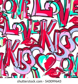 Abstract seamless pattern with  words.Graffiti  background with kiss, love. hearts,lips. Pattern for girls, fashion clothes, t shirts.Funny Girlish repeated Valentines day backdrop 