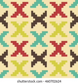 Abstract seamless pattern of X shaped polygonal figures. Knitted ornament in retro color palette. Vector illustration for various creative projects
