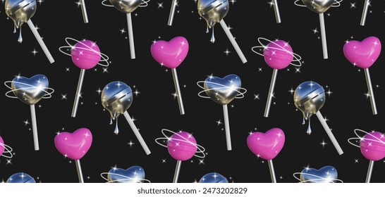 Abstractas patrón sin costuras en estilo Y2K. Dulces tridimensionales en forma de corazón y una bola en un palo con texturas de plástico rosa y cromo, un efecto fundido con brillantes destellos.