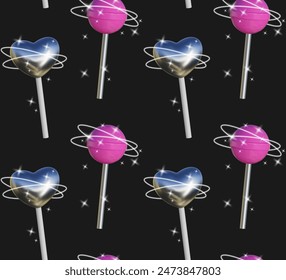 Abstractas patrón sin costuras en estilo Y2K. Dulces tridimensionales en forma de corazón y una bola en un palo con texturas de plástico rosa y cromo complementadas por brillantes destellos.