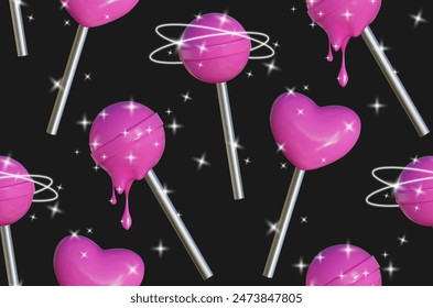 Abstractas patrón sin costuras en estilo Y2K. Dulces tridimensionales en forma de corazón y una bola en un palo con una textura de plástico rosa y un efecto fundido complementado por brillantes destellos.