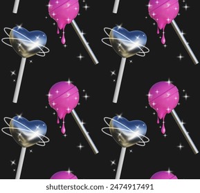 Abstract seamless pattern in Y2K style. Three-dimensional sweets in the shape of a heart and a ball on a stick with pink plastic and chrome textures, a melting effect with bright sparkles.