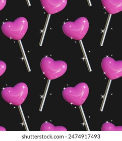 Abstract seamless pattern in Y2K style. The 3D heart-shaped candy has a pink plastic texture and is accented with bright sparkles.