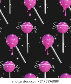 Abstract seamless pattern in Y2K style. A 3D round candy lollipop with a melting effect and a pink plastic texture complemented by bright sparkles.