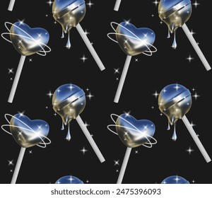Abstract seamless pattern in Y2K style. Three-dimensional sweets in the shape of a heart and a ball on a stick with a chrome texture and a melting effect with bright sparkles.