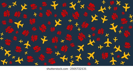 Abstract seamless pattern with yellow airplanes and red clouds on a blue background. Perfect for travel, aviation, and transportation designs.
