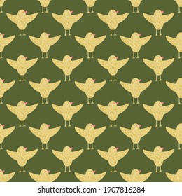 Resumen de un patrón impecable con aves amarillas volando formas. Fondo de oliva verde. Ilustración vectorial para impresiones textiles estacionales, tela, carteles, telas de fondo y papel pintado.