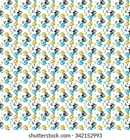Abstract seamless pattern with yellow, black and blue elements on white background