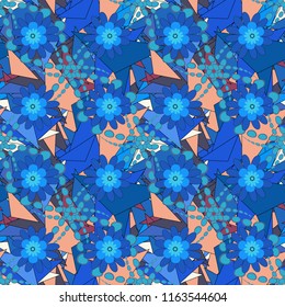 Abstract seamless pattern in yellow, blue and green colors. Ideal for printing on fabric or paper. Square scraps in oriental style. Vector illustration.