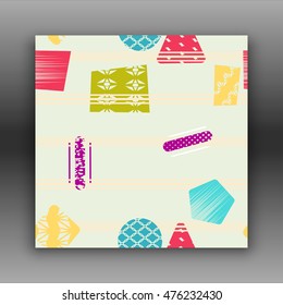 abstract seamless pattern with yellow, blue, white and red geometric figures and inserts in motion on a light background. Vector illustration