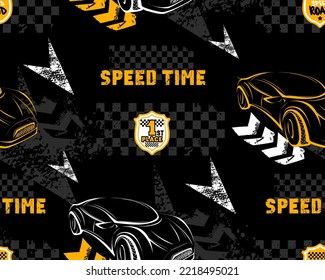 Abstract seamless pattern with yellow car silhouette, road sign, text Speed time, textured arrows elements, chequered board. Grunge repeat background with sport automobileslinear illustration.