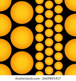 Abstract seamless pattern with yellow circles. Geometric pattern. Different size circles with gold gradient isolated on black background.