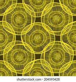 Abstract seamless pattern. Yellow decorative circles on a dark background, vector.