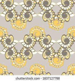 Abstract seamless pattern with yellow elements on a gray background for wallpaper, pillows and fabric design.