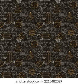 Abstract seamless pattern with yellow geometrical figures and white handwritten text Lorem ipsum on a black. Math vector background. Chalk drawing on the blackboard. Wallpaper, wrapping paper, fabric