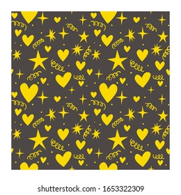 Abstract seamless pattern of yellow hearts and stars on brown background. Image for a poster or cover. Vector illustration. Repeating texture. Figure for textiles.