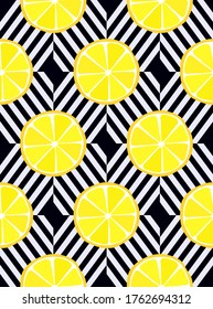 Abstract seamless pattern of yellow lemons on black and white geometric stripes. Tropical abstract geometric background. Vector illustration. Vector bright printing for fabric, Wallpaper. Round slices