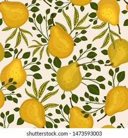 Abstract seamless pattern with yellow pears and leaves on white background. Fruit floral print. Botanical trendy design for fabrics, Wallpapers, packaging... Vector illustration in hand-drawn style.