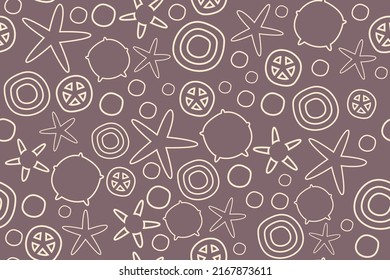 Resumen de un patrón impecable con estrellas y puntos amarillos aislados en fondo marrón. Se puede usar para tela, estampado de moda, tela, textiles, embalajes, cubiertas, alfombras y papel decorativo.