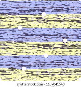 Abstract seamless pattern with yellow and violet grunge horizontal lines and white circles. Trendy striped background for textile, wrapping paper, cover, surface, wallpaper