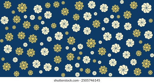 Abstractas patrón sin fisuras con flores amarillas y blancas sobre un fondo azul oscuro. diseños florales, botánicos y temáticos de la naturaleza.
