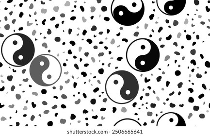 Abstractas patrón sin fisuras con símbolos yin yang. Fondo de leopardo creativo. Ilustración vectorial sobre fondo blanco