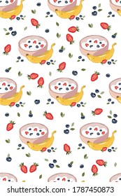 Abstraktes nahtloses Muster mit Jogurt, Banane und Beeren. Frühstück, Vektorgrafik. Gut für Kochbuch, Banner, Papier, Textilien