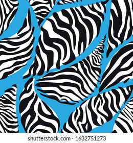 Abstract seamless pattern with zebra stripes on a blue background.