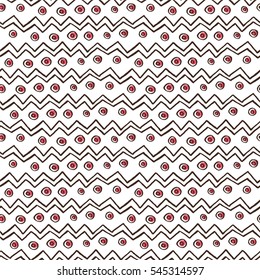 Abstract seamless pattern of zigzag lines and circles. Background for poster or cover. Figure for textiles.