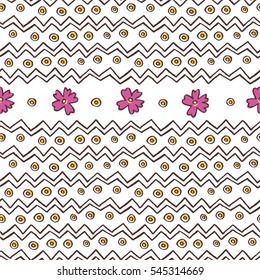 Abstract seamless pattern of zigzag lines, flowers and circles. Background for poster or cover. Figure for textiles.