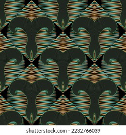 Abstract seamless pattern. Zigzag ornaments. Zig zag background. Vector repeat floral backdrop. Modern geometric zig zag ornament with lines, swirls, abstract flowers. Endless ornate texture.