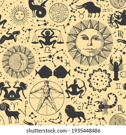 Abstract seamless pattern with zodiac signs, horoscope symbols, sun, moon, stars, constellations and human figure like Vitruvian man on a beige backdrop. Hand-drawn vector background in retro style
