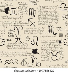 Abstract seamless pattern with zodiac signs, handwritten text Lorem ipsum and hand-drawn geometrical figures on an old paper backdrop. Vector background in the style of sketches and notes from diary