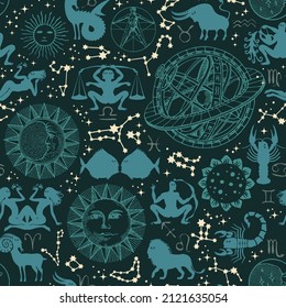 Abstract seamless pattern with zodiac signs, horoscope symbols, sun, moon, stars, constellations and Ptolemaic Geocentric System on a black backdrop. Decorative vector background in cartoon style