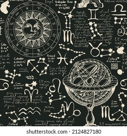 Abstract seamless pattern with zodiac signs, Lorem ipsum handwritten text, sun, moon, stars and constellations. Dark hand-drawn vector background on the theme of horoscopes and zodiacs in retro style