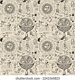 Abstract seamless pattern with zodiac signs, Lorem ipsum handwritten text, sun, moon, stars and constellations. Hand-drawn vector background on theme of horoscopes and zodiacs in retro style