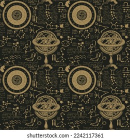 Abstract seamless pattern with zodiac signs, Lorem ipsum handwritten text, sun, moon, stars and constellations. Hand-drawn vector background on theme of horoscopes and zodiacs in retro style