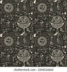 Abstract seamless pattern with zodiac signs, Lorem ipsum handwritten text, sun, moon, stars and constellations. Hand-drawn vector background on theme of horoscopes and zodiacs in retro style