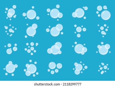 Abstract seamless pattern.Flying transparent soap bubbles on blue background. Soap foam, carbonated drink, oxygen bubbles pictogram, fizzy effect vector illustrations, signs. Vector texture.