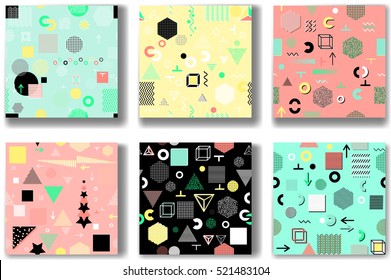 Abstract seamless patterns 80'-90's styles. Trendy geometric elements memphis cards, seamless pattern. Retro style texture. Modern abstract design poster, cover, card design