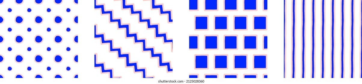 Abstract seamless patterns. 80s and 90s. Geometric minimalistic vector background with simple blue and pink shapes and figures, square, circle, oval, step, triangle, tape, rectangle dot Surface design