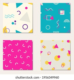 Abstract seamless patterns 80's-90's styles. Trendy memphis style. Colorful geometric background set.