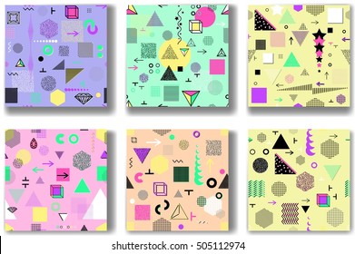 Abstract seamless patterns 80's-90's styles. Trendy memphis style. Colorful geometric background set.