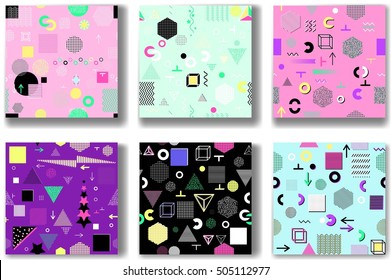 Abstract seamless patterns 80's-90's styles. Trendy memphis style. Colorful geometric background set.