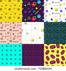 
Abstract seamless patterns 80s-90s styles. Retro vintage trendy memphis style. Colorful geometric triangles, circles, dots, lines background set for textile fabric design, wrapping paper, banner