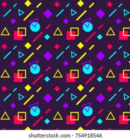 Abstract seamless patterns 80s-90s styles. Retro vintage trendy memphis style. Colorful geometric triangles, circles, dots, lines background  for textile fabric design, wrapping paper, banner