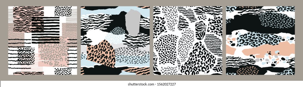 Abstract seamless patterns with animal print. Trendy hand drawn textures. Vector modern design for paper, cover, fabric, interior decor and other users