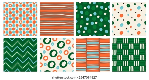 Abstrato sem emenda padrões fundos e modelos de cobertura com colorido desenhado a mão escova manchas, rabiscar impressões geométricas, linhas de mosaico e pontos simples ornamentos conjunto de ilustração vetor isolado