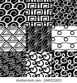 Abstract seamless patterns. Black and white monochrome backgrounds for textile, wallpapers and fabrics