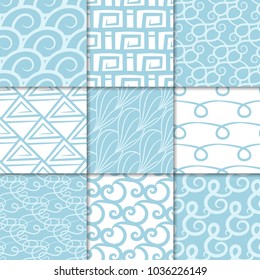 Abstract seamless patterns. Blue and white backgrounds for textile, wallpapers and fabrics